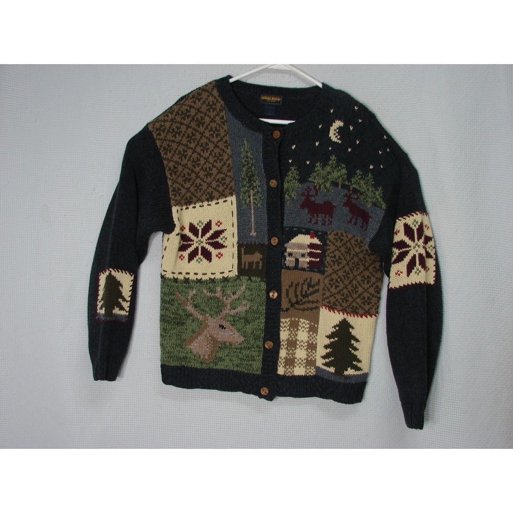 Woolrich Patchwork Holiday Cardigan Sweater Size L Moose Deer Cabin Heavyweight